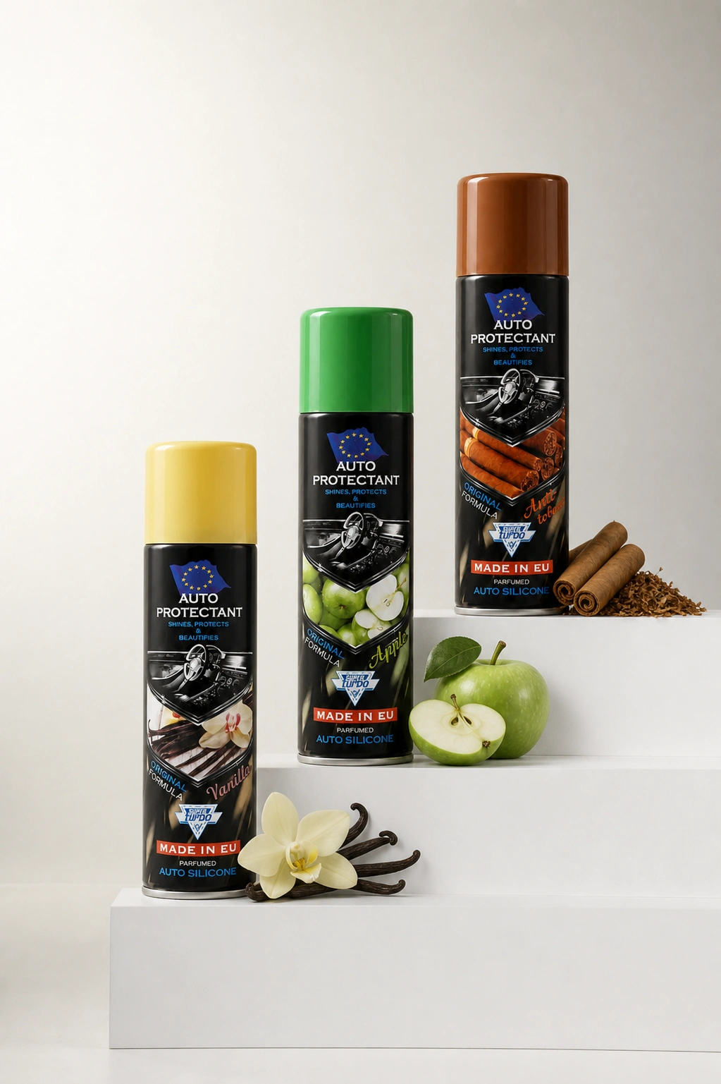 Auto Silicone Spray Collection - Vanilla, Apple, Cinnamon fragrances with natural elements